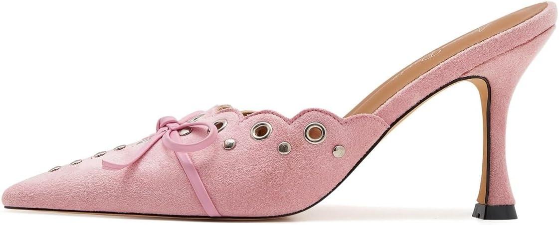 Bow Tie Heeled Mules for Women Pointy Studs Kitten Heels Dress Pumps Backless Stilettos | Amazon (US)
