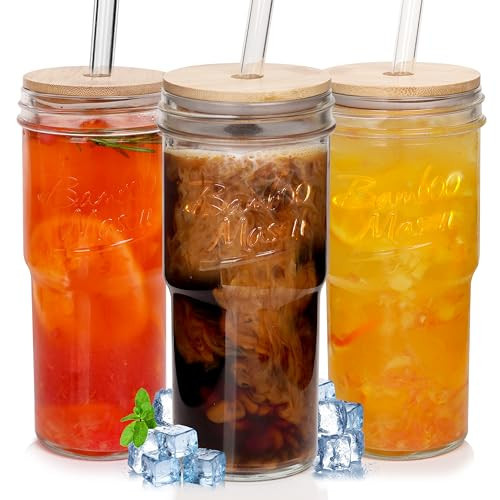 ANOTION Glass Cups with Lids and Straws, 24 oz Travel Coffee Mug Wide Mouth Mason Jar Iced Coffee Cup Smoothie Cup Glass Tumbler Tea Cup Clear Cups Cute Water Cups Drinking Glasses 3 Packs | Amazon (US)