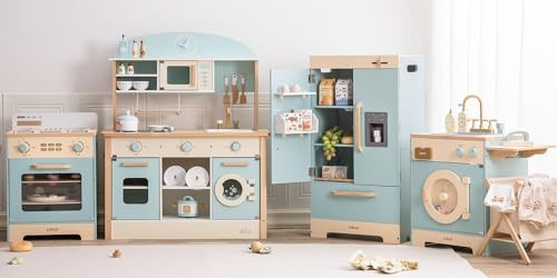 ROBUD Wooden Play Kitchen Set, Kids Toy Kitchen Set with Realistic Design, Utensils, Ice Maker, Fridge, Oven, Washer, Modern Style Play Kitchen with Accessories, Ideal Gift for Boys & Girls, Blue | Amazon (US)