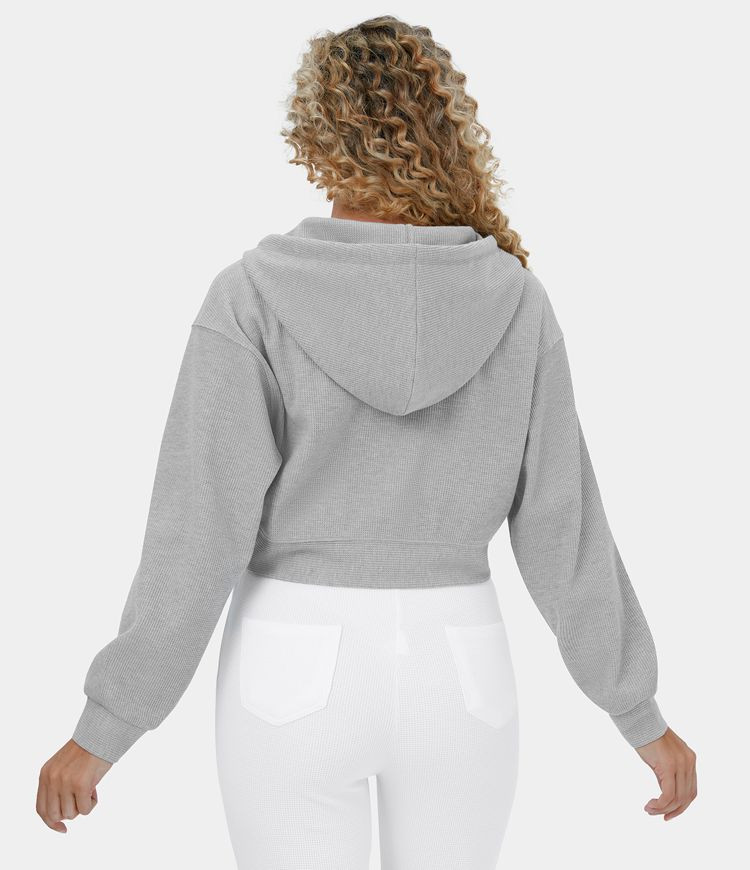 Women’s Waffle Hooded Drawstring Zipper Cropped Casual Cotton Sports Sweatshirt - HALARA | HALARA