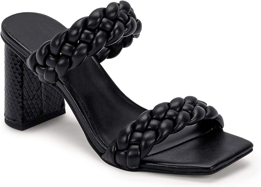 Womens Braided Heeled Sandals Backless Square Open Toe Block Strappy Slip On Slide Shoes | Amazon (US)