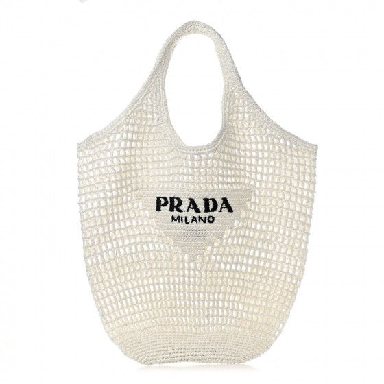 PRADA Raffia Embroidered Logo Shopping Tote Bag Bianco | FASHIONPHILE | Fashionphile