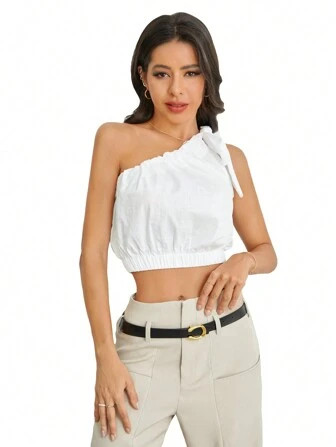 DAZY Solid Knot One Shoulder Blouse | SHEIN