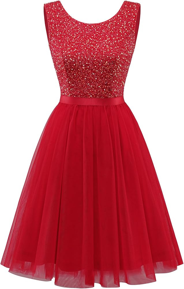 BeryLove Sequin Dress Vintage A Line Wedding Formal Swing Tulle Dress Sleeveless Cocktail Mini Dr... | Amazon (US)