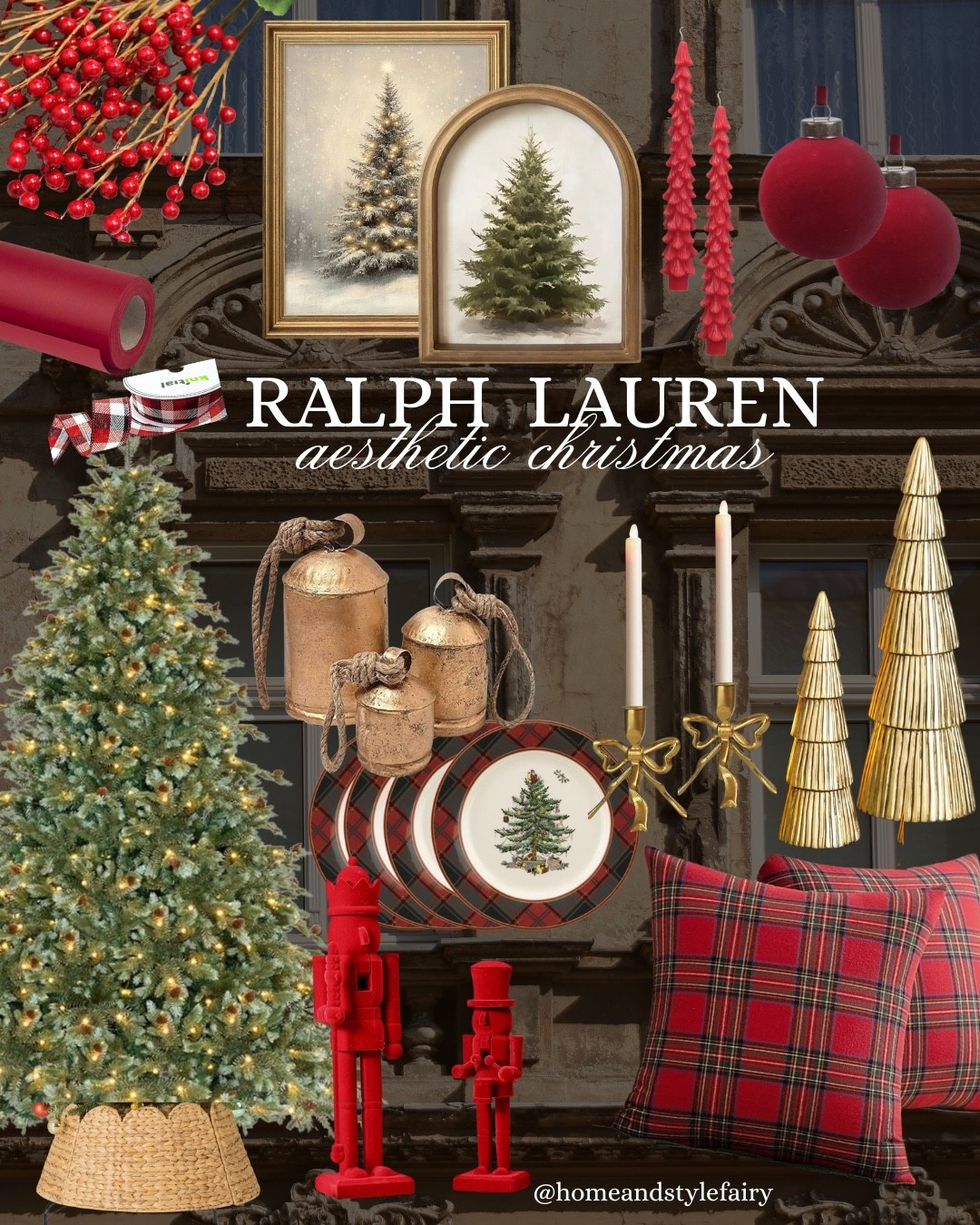 The Ralph Lauren Christmas aesthetic is about timeless holiday charm with rich reds, lush evergreens, and golden accents. 

Christmas tree, tree collar, candle holders, wrapping paper, wrapping ribbon, Nutcracker, Christmas Tree Figurine, red berries stems, Christmas plants, vintage bells, ornaments

#TimelessHoliday #TraditionalChristmas #ClassicChristmas #holidayhome #christmasfinds #HolidayGlow #LuxuryForLess #SeasonalStyling 