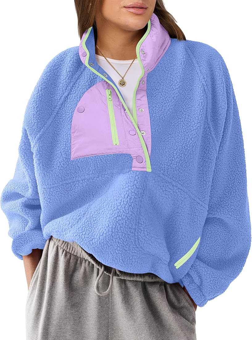 ANRABESS Women Fleece Sherpa Pullover Sweatshirt Cropped Loose Fuzzy Jacket Soft Button Down Wint... | Amazon (US)