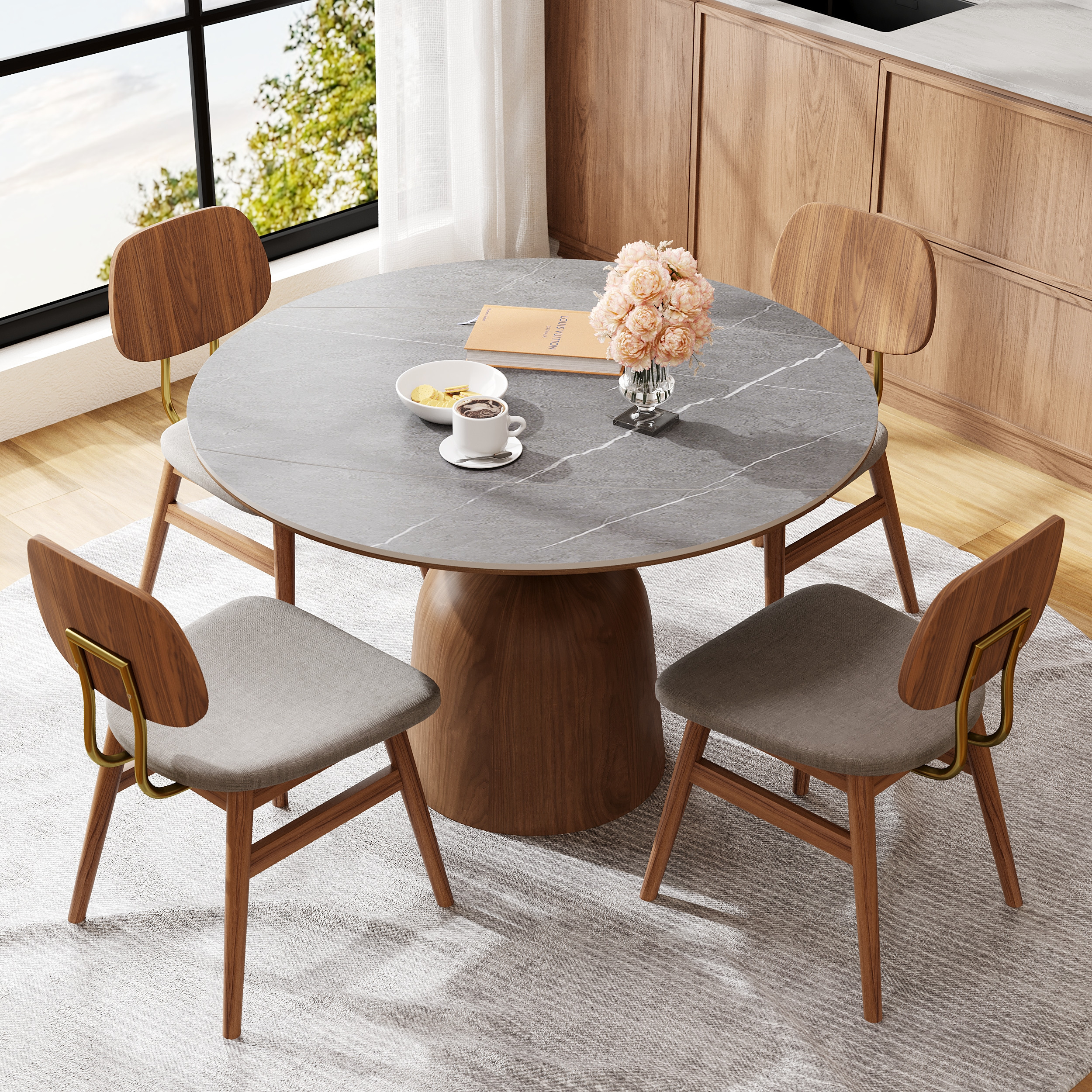 47" Extendable Round Dining Table for 6 People Gray Modern Expandable Table | Homary