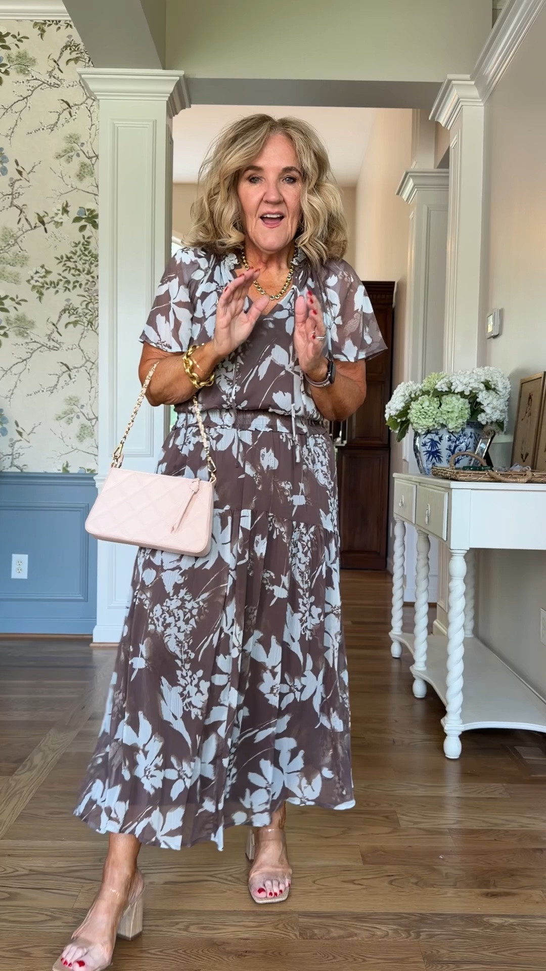 Pretty brown and icy blue print. I’m in a small bit I think the medium might be better. But order your reg size. 

Purse on sale!

#LTKSaleAlert #LTKOver40 #LTKWedding