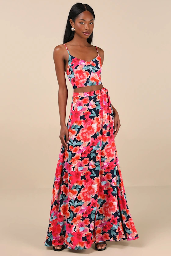 Bloom With a View Dark Blue Floral Print Two-Piece Maxi Dress | Lulus