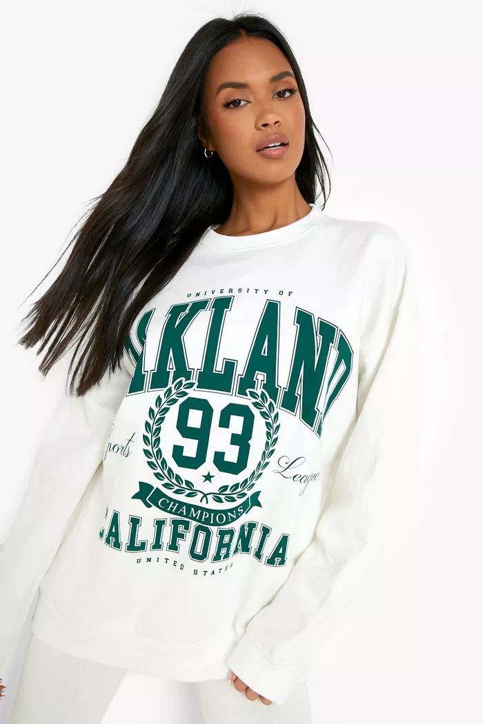 Oakland Varsity Printed Oversized Sweater | boohoo (US & Canada)
