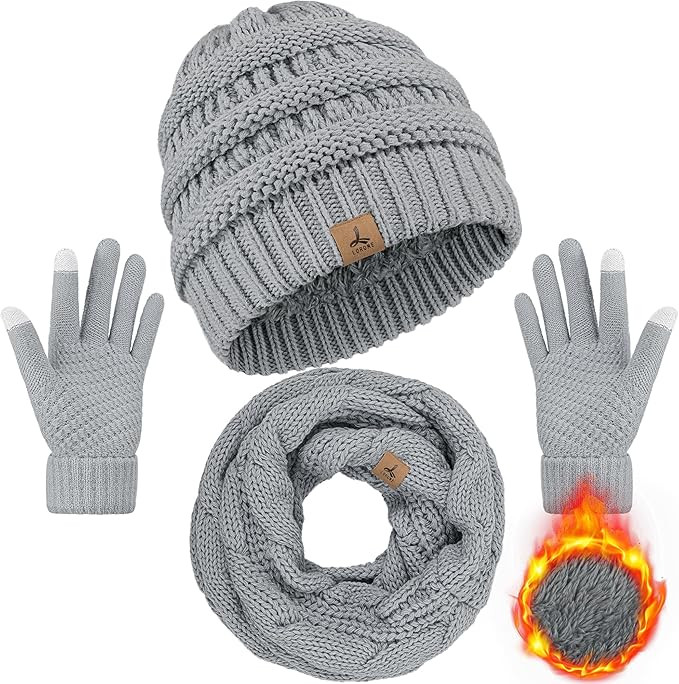 Winter Beanie Hat Scarf Gloves, Warm Fleece Knit Winter Hats Touch Screen Gloves Neck Scarf Set W... | Amazon (US)