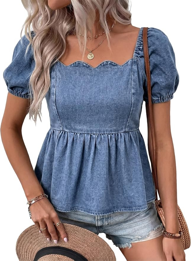 Womens Denim Tops Square Neck Puff Sleeve Trendy Casual Jean Shirts | Amazon (US)