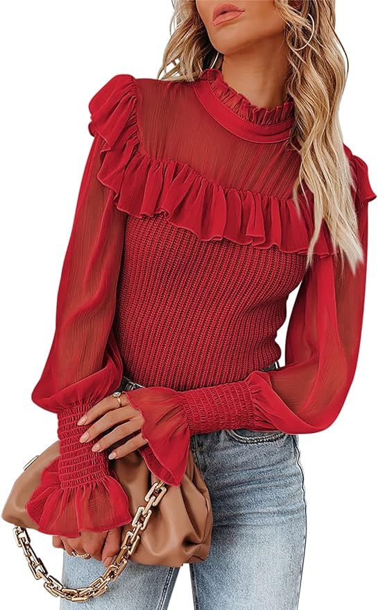 ANRABESS Women's Chiffon Contrast Knit Sweater Long Sleeve Ruffle Trim Slim Fit Pullover Sweater ... | Amazon (US)