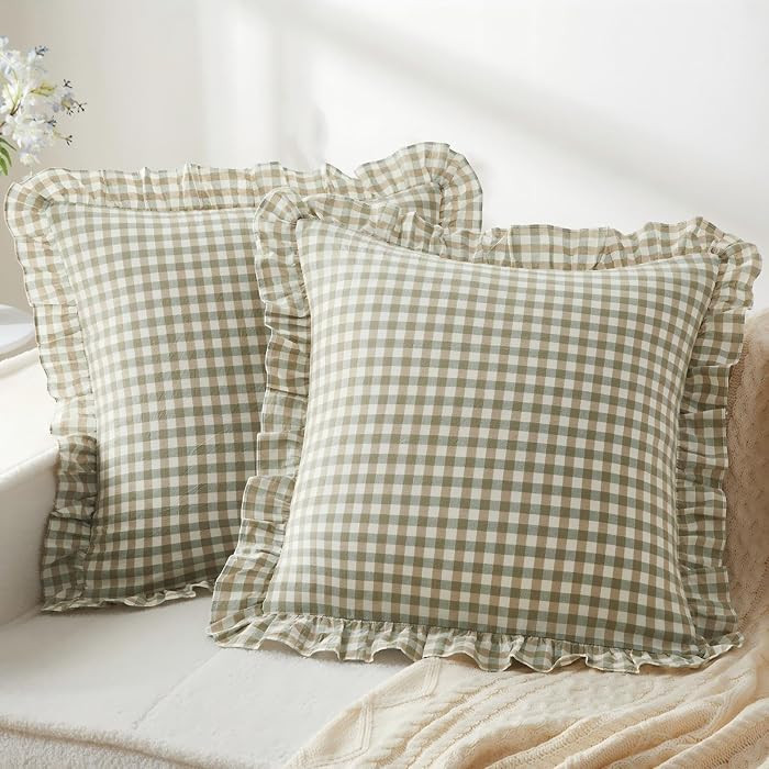 KKJIAF 2 Pcs Ruffle Gingham Pillow Covers 20" x 20", Sage Green Plaid | Amazon (US)