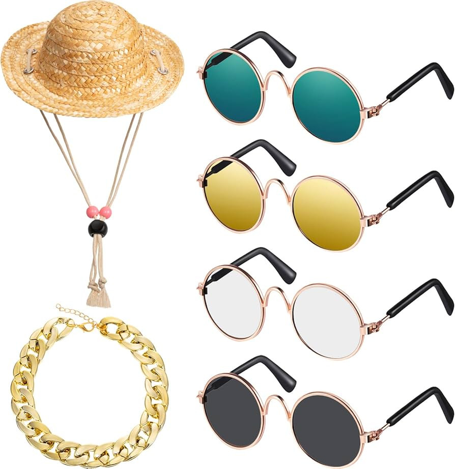 6 Pieces Pet Dog Cat Costume, Pet Sunglasses and Summer Pet Straw Hat with Faux Gold Chain Collar... | Amazon (US)