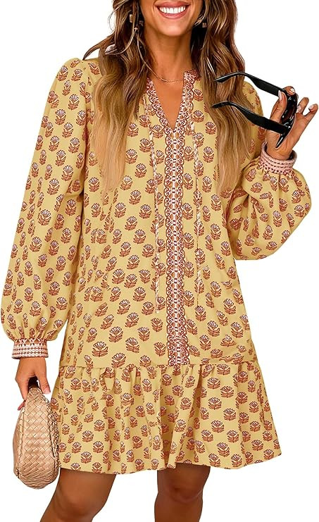 Wenrine Womens Long Sleeve Casual Mini Dress Floral V Neck Ruffle Loose Fall Boho Babydoll Dresse... | Amazon (US)