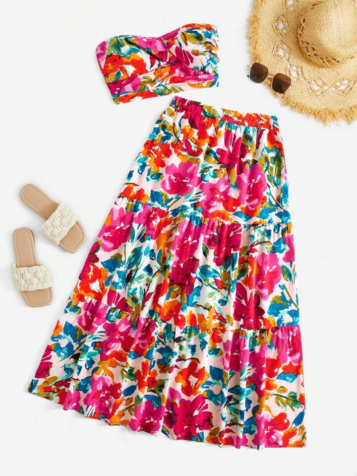 SHEIN VCAY Floral Print Tube Top & Skirt | SHEIN