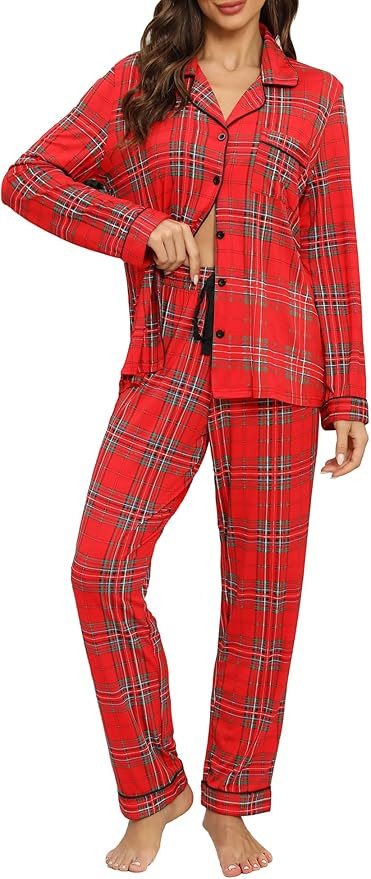 Senert Pajamas Set For Women Long Sleeve Sleepwear Soft Button Down Shirt with Long Pants Pj Loun... | Amazon (US)