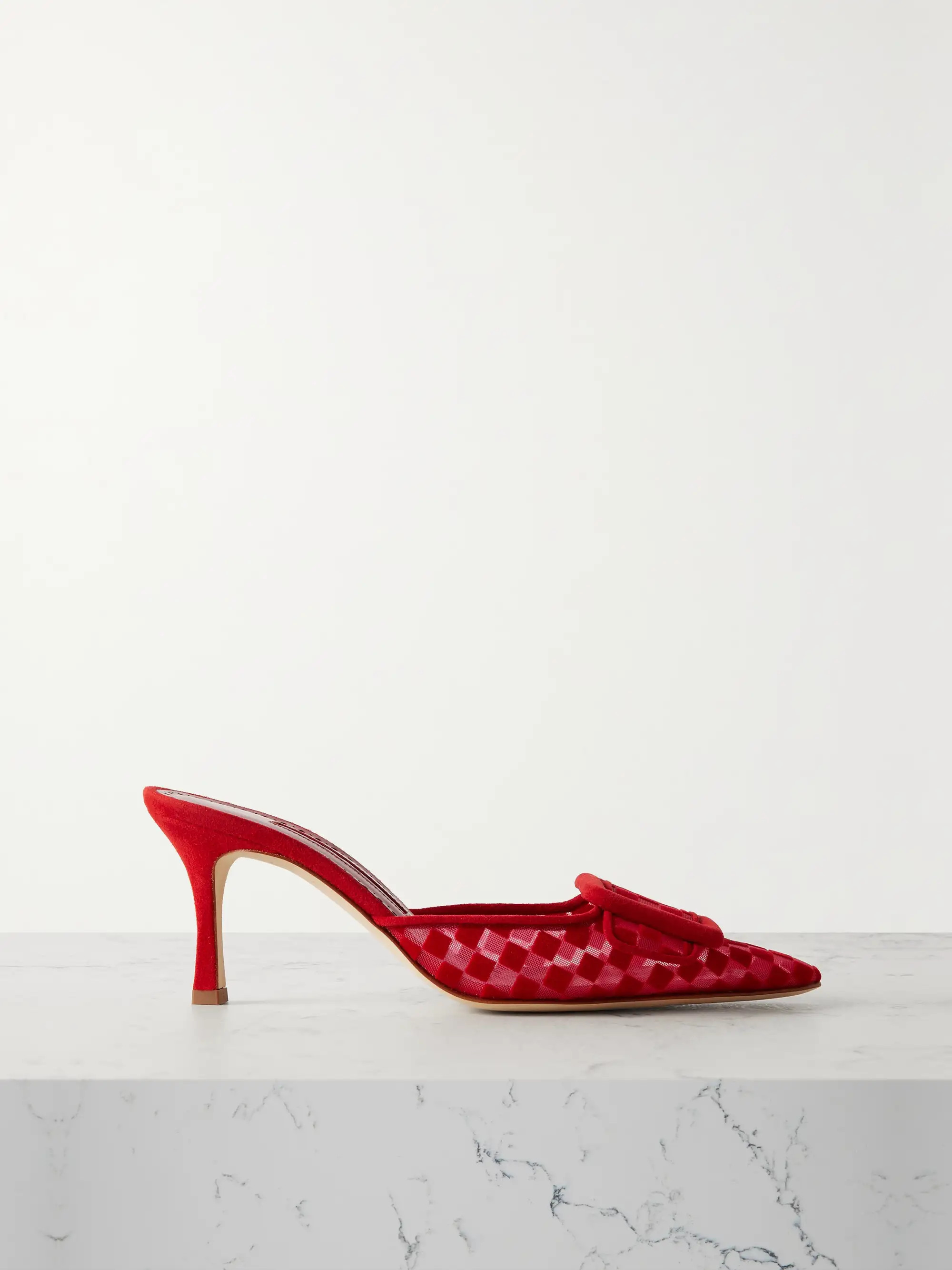 MANOLO BLAHNIK Maysalebi 70 buckled checked suede and mesh mules | NET-A-PORTER | NET-A-PORTER (US)