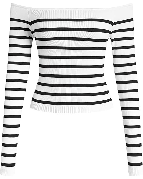 OQQ Women Off The Shoulder Knit Top Tide Striped T-Shirts Fitted Basic Tee 2025 Crop Tunics | Amazon (US)