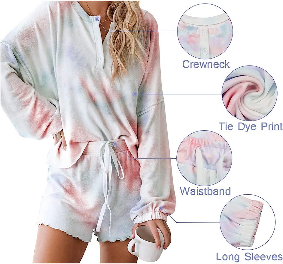 Century Star Women Pajamas Tie Dye Print Long Sleeve Shirt Elastic Drawstring Shorts Pant 2 Piece... | Amazon (US)
