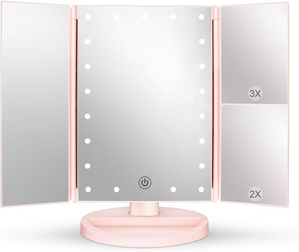 deweisn Tabletop Mount Tri-Fold Lighted Vanity Mirror with 21 LED Lights, Touch Screen and 3X/2X/... | Amazon (US)