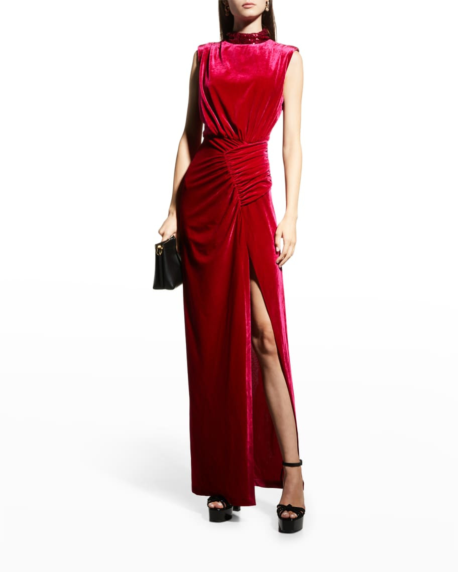 Ronny Kobo Billie Sequin-Neck Shirred Velvet Sleeveless Gown | Neiman Marcus