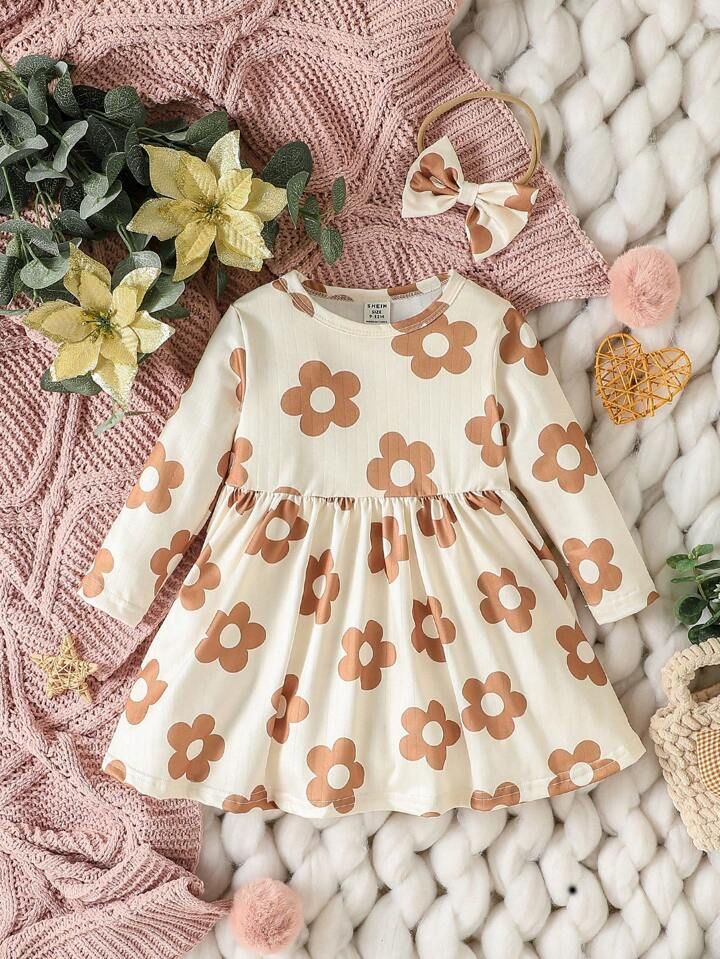 Baby Girl Floral Print Dress & Headband | SHEIN