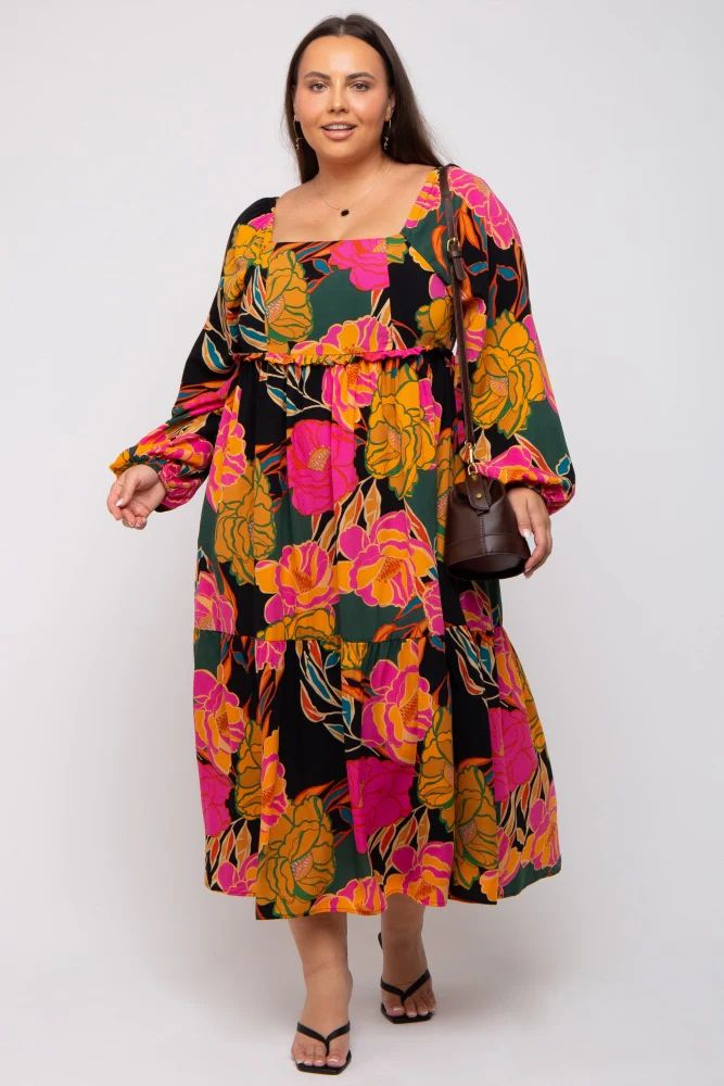 Black Floral Long Sleeve Plus Midi Dress | PinkBlush Maternity