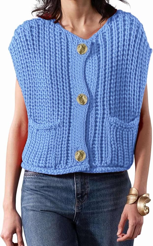 Women's Fashionable Sleeveless Short Knitted Sweater Vest Button Cardigan with Pockets | Amazon (US)