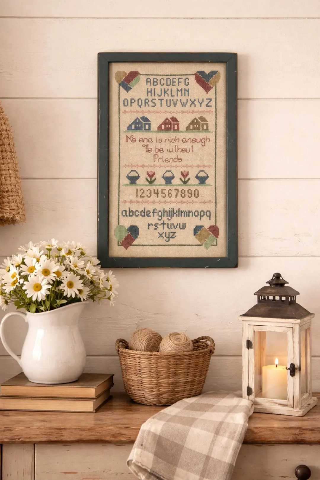 Vintage Framed Cross Stitch Alphabet Sampler Wall Art, Country Farmhouse ABC 123 Needlepoint, “... | Etsy (US)