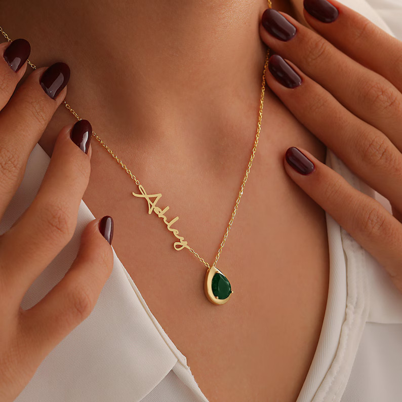 Minimalist Emerald Birthstone Necklace, Name Necklace With May Birthstone, Personalized Name Jewe... | Etsy (US)