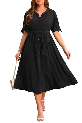 Women's Summer Dress Plus Size Black Work Business Shirt Half Sleeves Midi Belted Flowy Sundress with Pockets | Amazon (US)