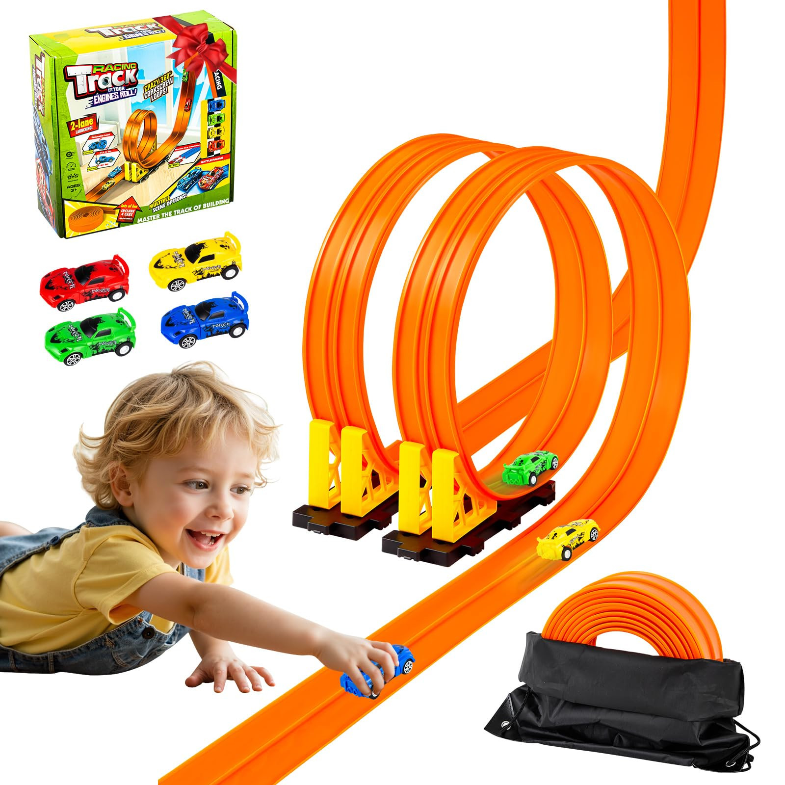 16.4 Ft Flexible Race Track for Kids, Portable DIY Roll-Up Flex Race Car Tracks with Suction Cups... | Amazon (US)