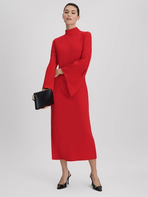 Reiss Red Katya Flute Sleeve Bodycon Midi Dress | Reiss UK
