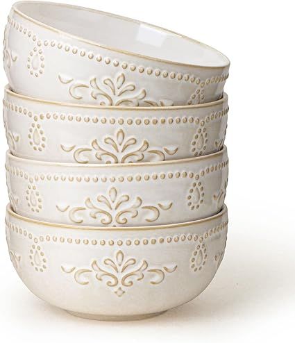 Artena Soup Bowls 32 OZ, Cereal Bowls Set of 4, Embossment Ceramic Ramen Bowls, 6.3 Inch White Sa... | Amazon (US)