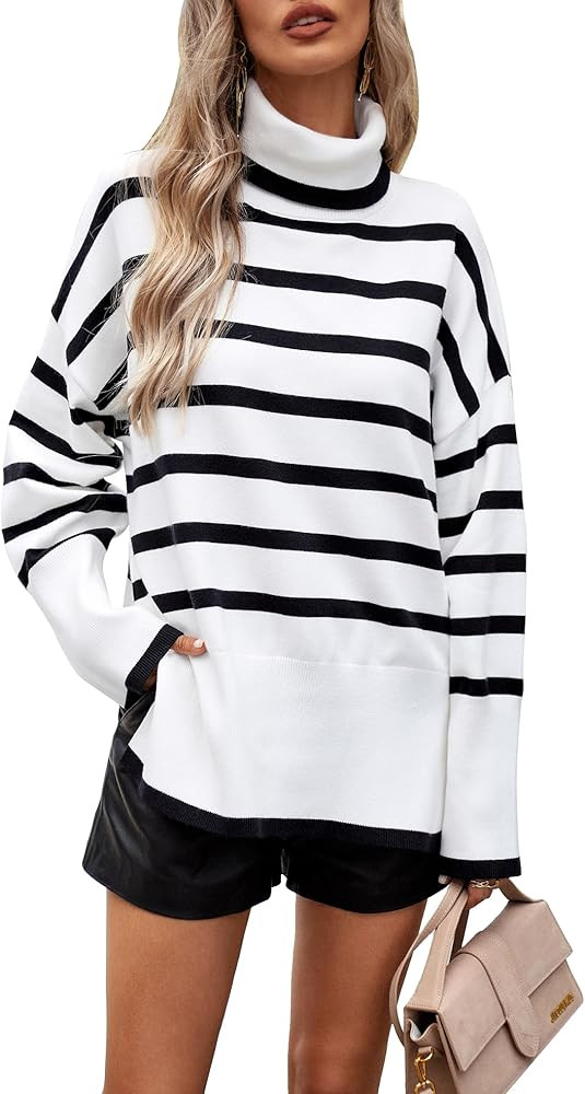 SALENT Womens 2023 Oversized Turtleneck Trendy Sweaters Striped Loose Fit Casual Pullover Sweater To | Amazon (US)