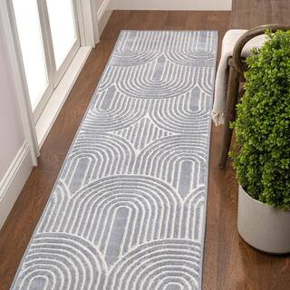 Ariana MidCentury Art Deco Striped Arches 2-Tone High-Low Blue/White 2 ft. x 8 ft. Runner Rug | The Home Depot
