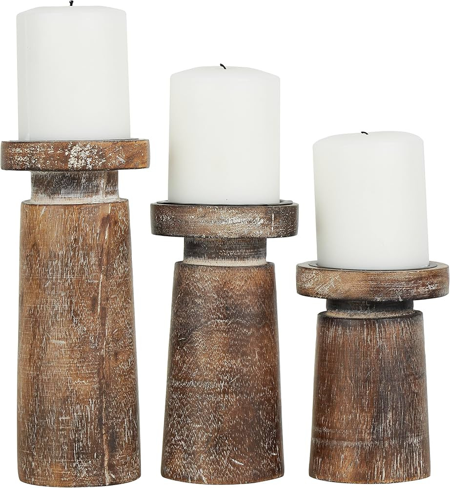 Deco 79 Mango Wood Handmade Candle Holder with Turned Style, Set of 3 6", 8", 10"H, Brown | Amazon (US)
