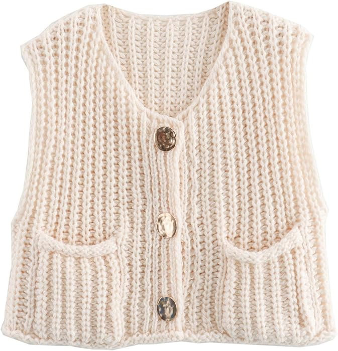 FindThy Women\u2019s Cropped Sweater Vest Cute Crewneck Button Down Sleeveless Crop Knit Cardigan... | Amazon (US)