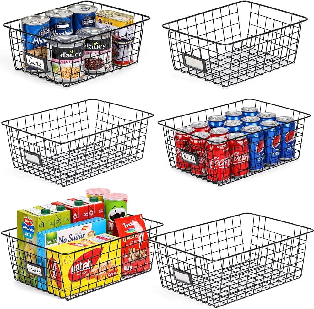 6 Pack [ Extra Large ] Wire Storage Baskets for Organizing with Lables, Pantry Organization Bins ... | Amazon (US)