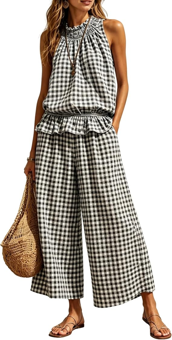 Tanming Women's 2 Piece Set Outfits Gingham Plaid Sleeveless Ruffle Top Wide Leg Pants Summer Cas... | Amazon (US)