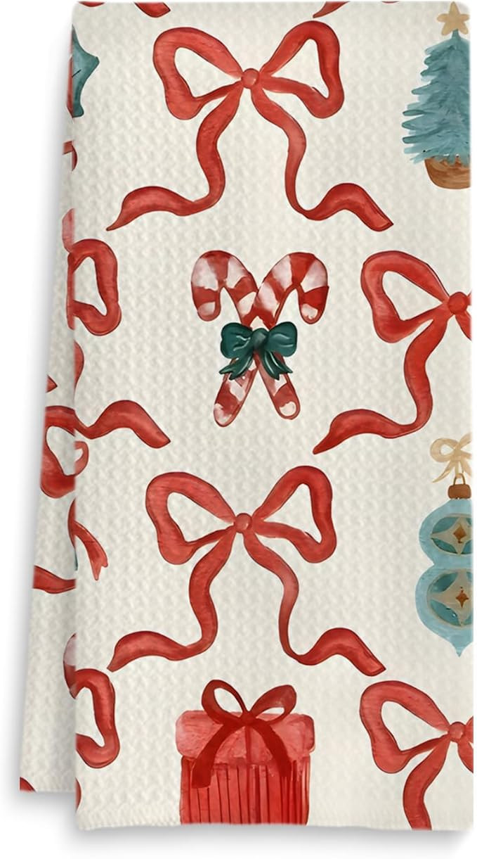 Christmas Bow Kitchen Towels, Coquette Christmas Red Bow Ribbon Decorative Hand Towels Dish Towel... | Amazon (US)