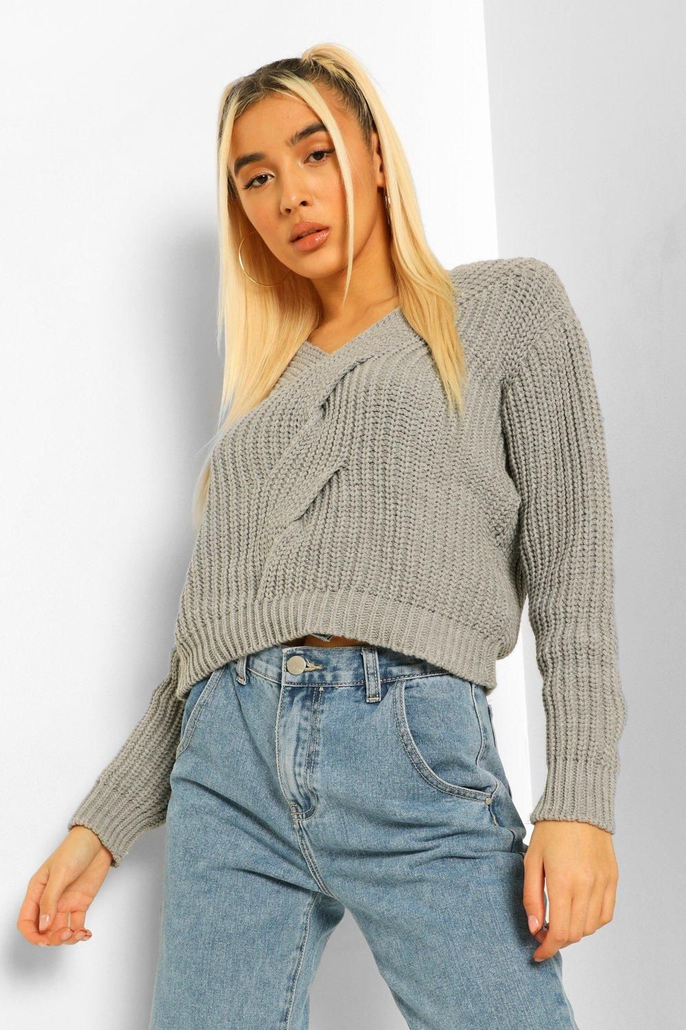 Womens Cable Twist Detail V Neck Sweater - Grey - M | Boohoo.com (US & CA)