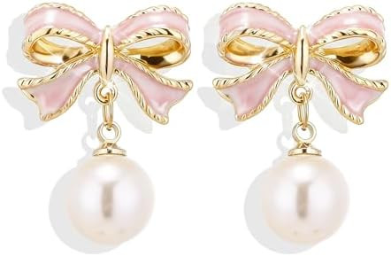 Bow Earrings for Women Trendy Stuff Cute Bow Pearl Drop Dangle Earrings Bowknot Stud Wedding Part... | Amazon (US)