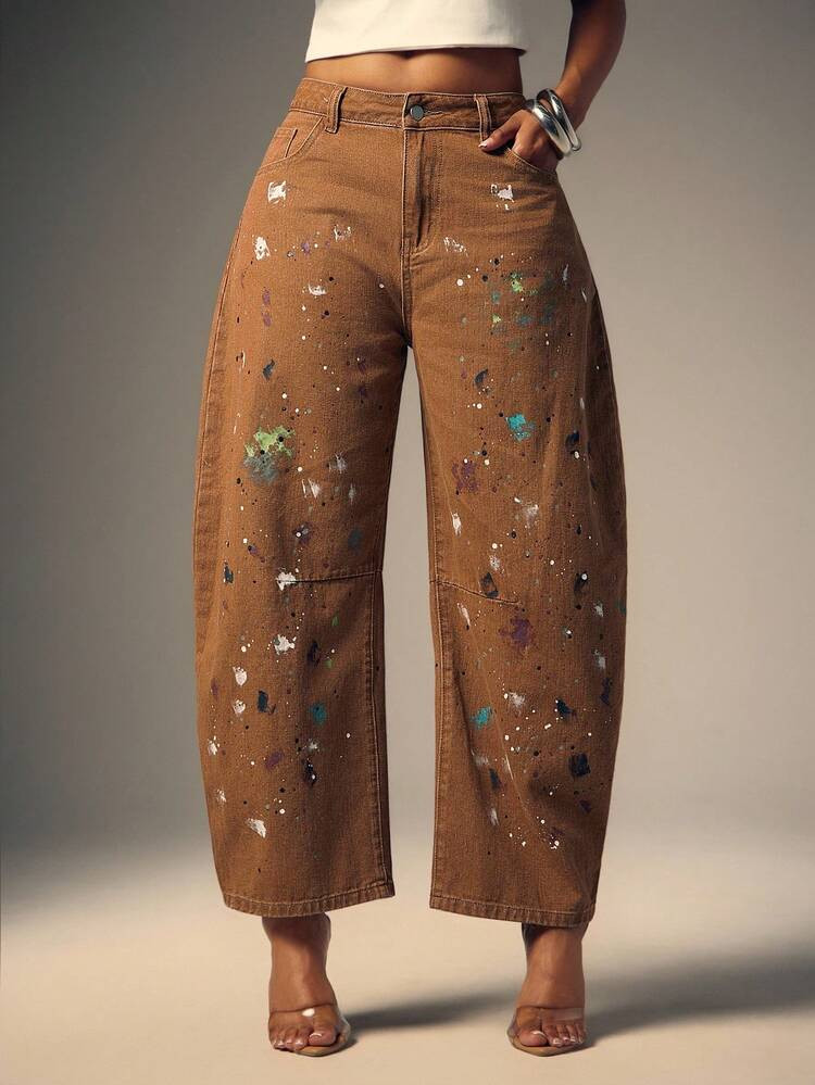 LocalSHEIN X Scot Louie Women Fashion Ink Jet Print Barrel Leg Jeans | SHEIN