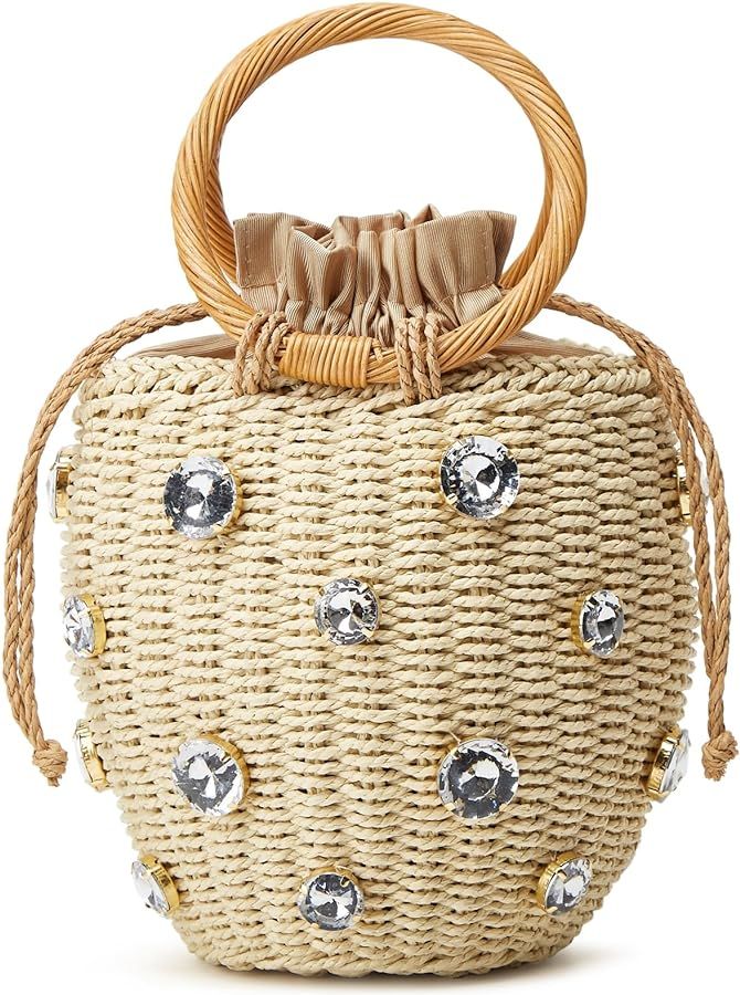 Summer Straw Bag for Women Pearl Flower Bucket Tote Bag Diamond Handbag Hand Woven Rattan Shell P... | Amazon (US)