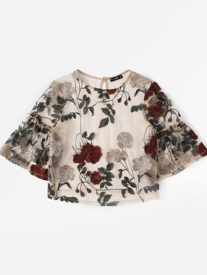 SHEIN Floral Embroidered Keyhole Back Sheer Mesh Top without Bra | SHEIN