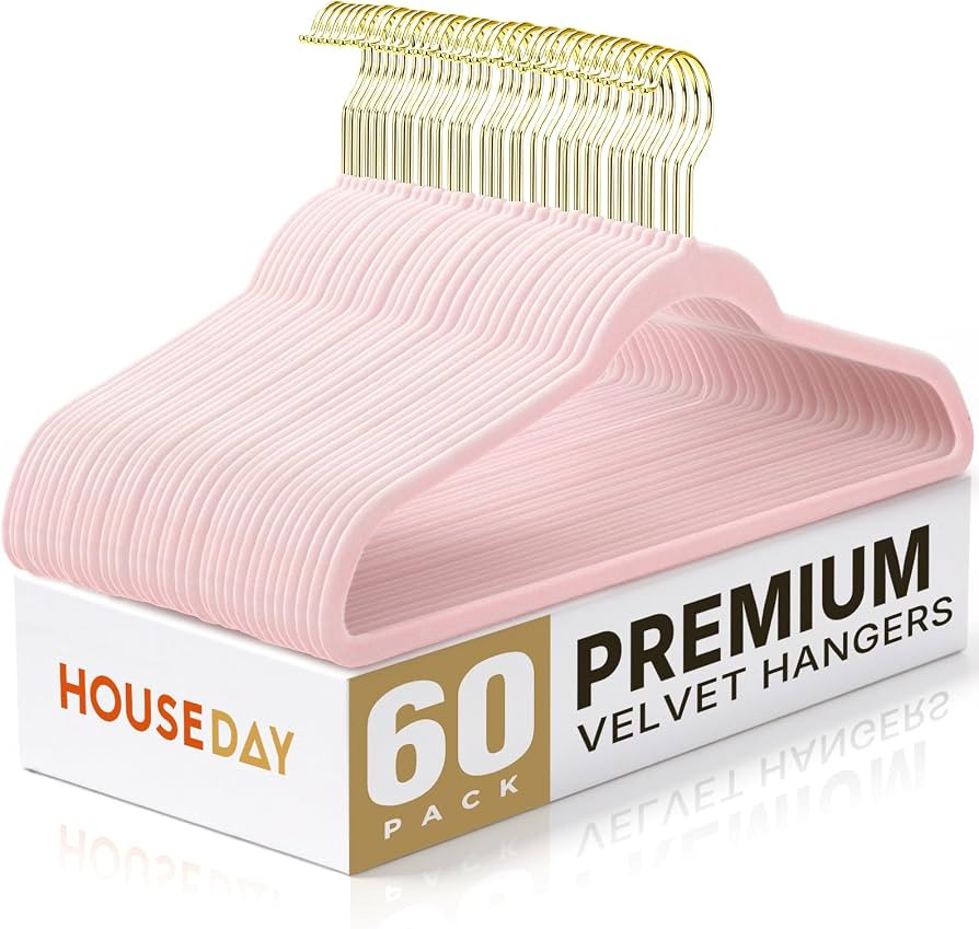 HOUSE DAY Pink Velvet Hangers 60 Pack with Gold Hooks, Non-Slip, No Marks | Amazon (US)