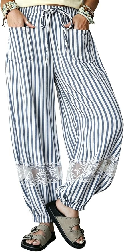 Yeokou Women's Boho Striped Pants Lace Casual Trousers with Pockets | Elastic Drawstring Waist, A... | Amazon (US)